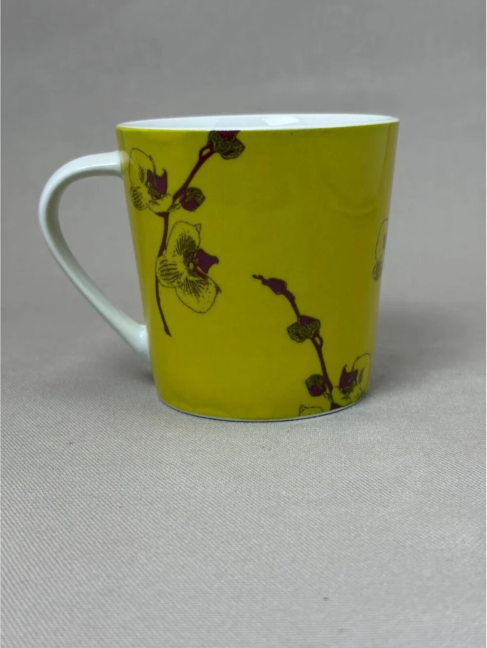 Trish Richman Porcelain Coffee Mug Chartreuse Yellow Plum Orchid Tea Cup 12 oz